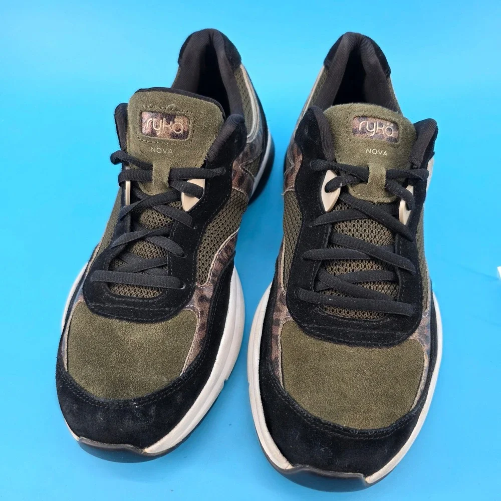 Ryka Nova Womens Walking Shoes Olive Green Black Leopard Print Sneakers Size 10M